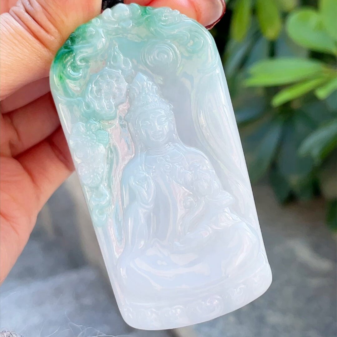 缅甸翡翠观音玉吊坠天然玉石A货冰种飘绿飘绿花高档证书老坑0528