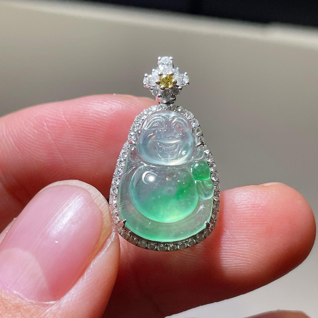 缅甸翡翠佛公镶金玉吊坠天然玉石A货18K金镶嵌冰种阳绿证书1021