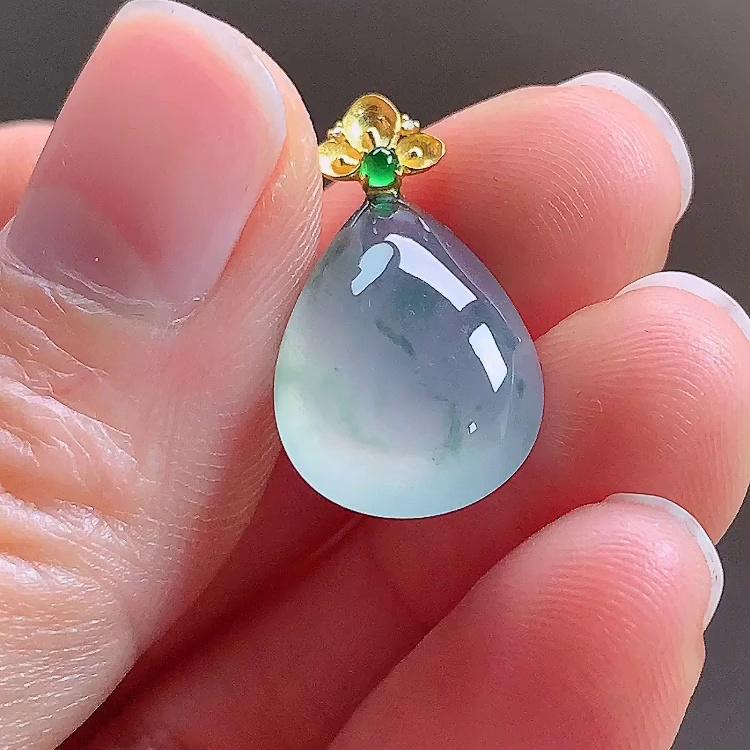 缅甸翡翠水滴镶金玉吊坠天然玉石A货18K金镶嵌冰种飘花正品1114