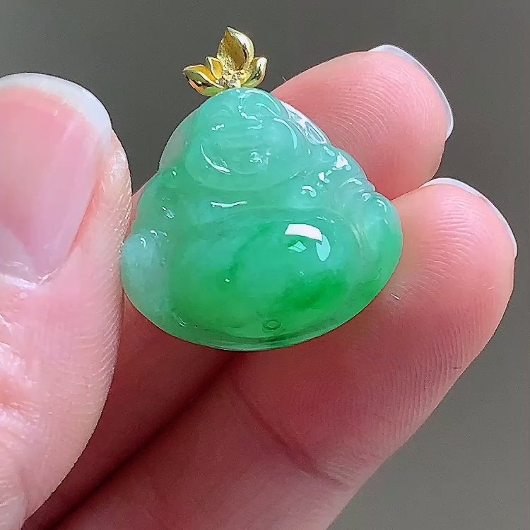 缅甸翡翠佛公镶金玉吊坠天然玉石A货18K金镶嵌冰种阳绿证书1231