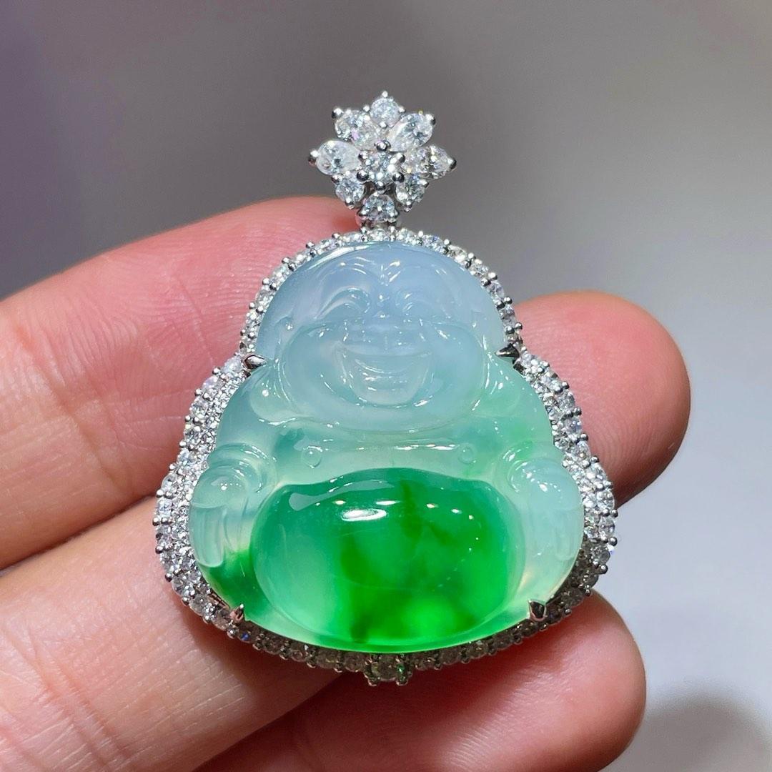 缅甸翡翠佛公镶金玉吊坠天然玉石A货18K金镶嵌玻璃种阳绿礼物1021