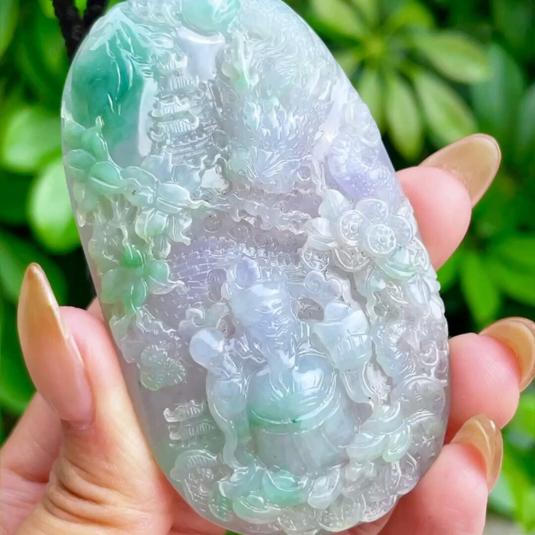 缅甸翡翠龙牌玉吊坠天然玉石A货冰种紫罗兰飘花收藏礼物老坑0530