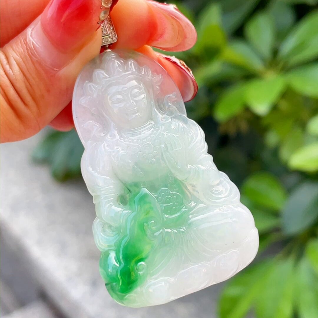 缅甸翡翠渡母镶金玉吊坠天然玉石A货18K金镶嵌冰种辣绿高档0530