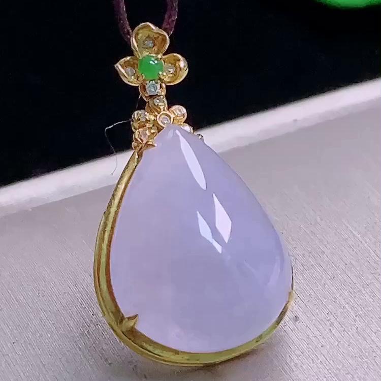 缅甸翡翠水滴镶金玉吊坠天然玉石A货18K金镶嵌冰种紫罗兰老坑0923