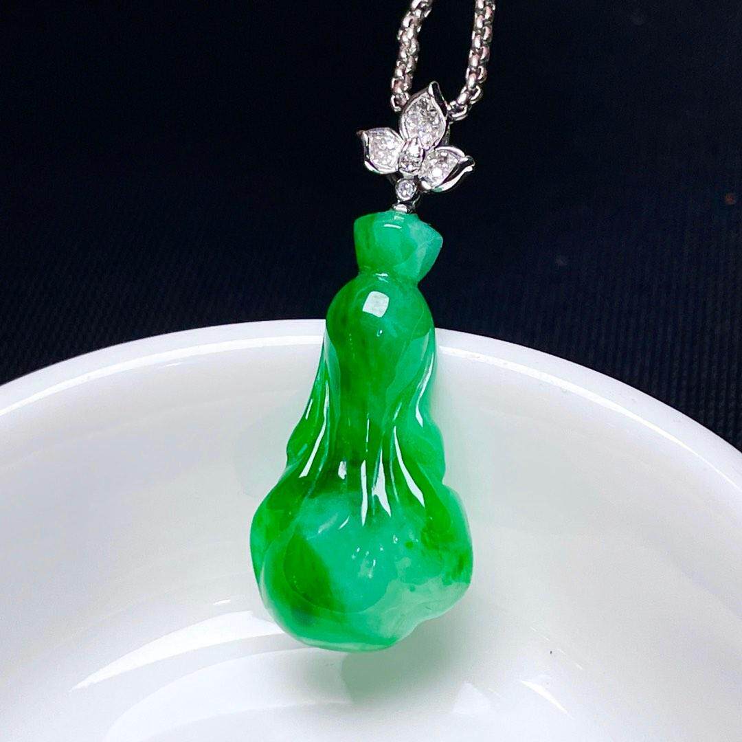 缅甸翡翠白菜镶金玉吊坠天然玉石a货18k金镶嵌冰糯种辣绿老坑1021