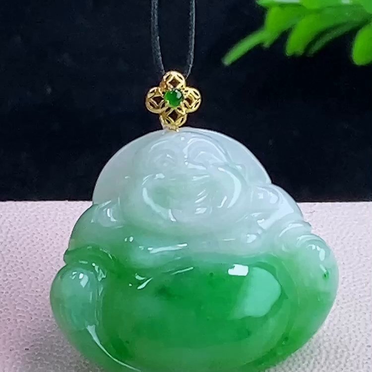 缅甸翡翠佛公镶金玉吊坠天然玉石A货18K金镶嵌冰种阳绿高档0105