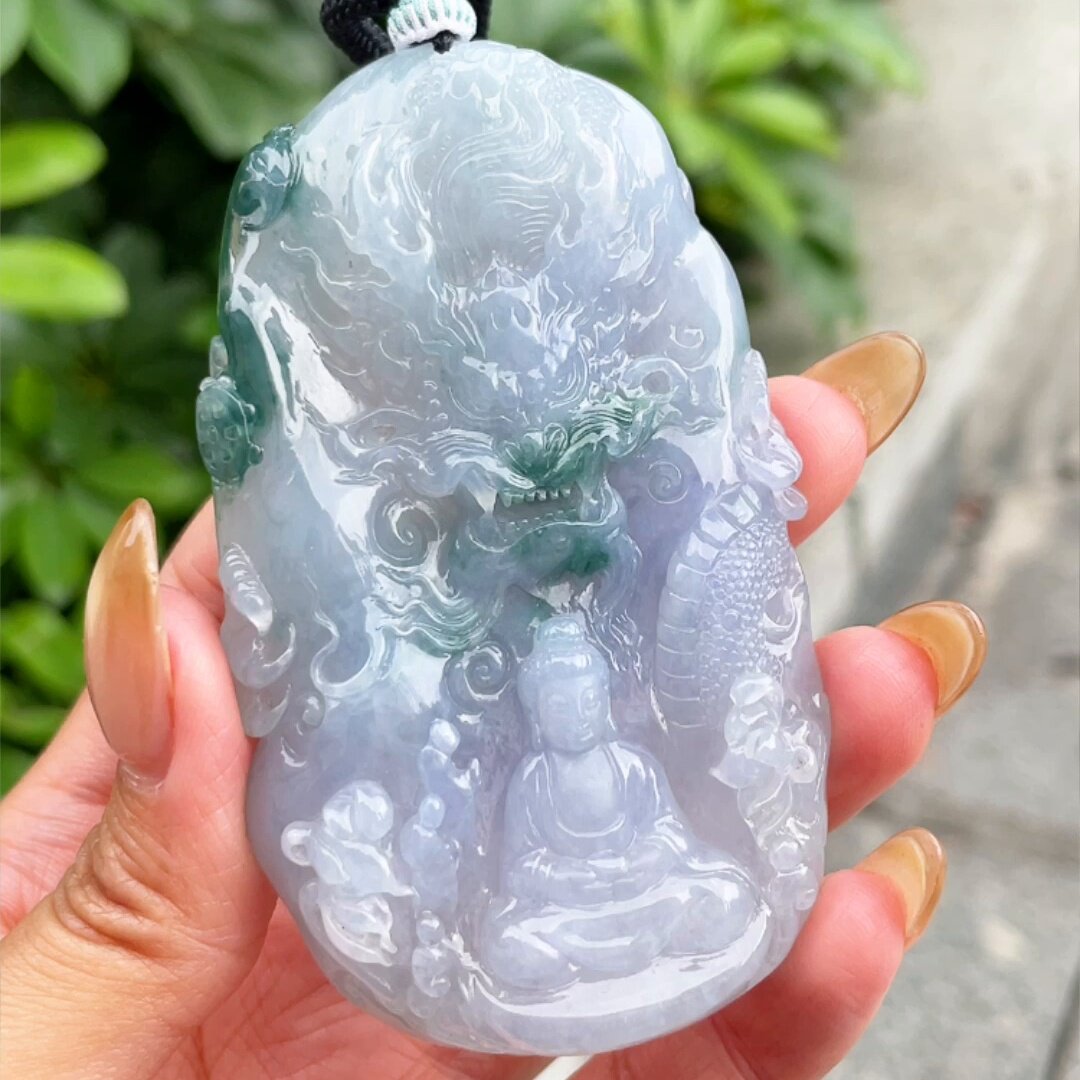 缅甸翡翠龙牌玉吊坠天然玉石A货冰种紫罗兰飘花证书正品新款0601