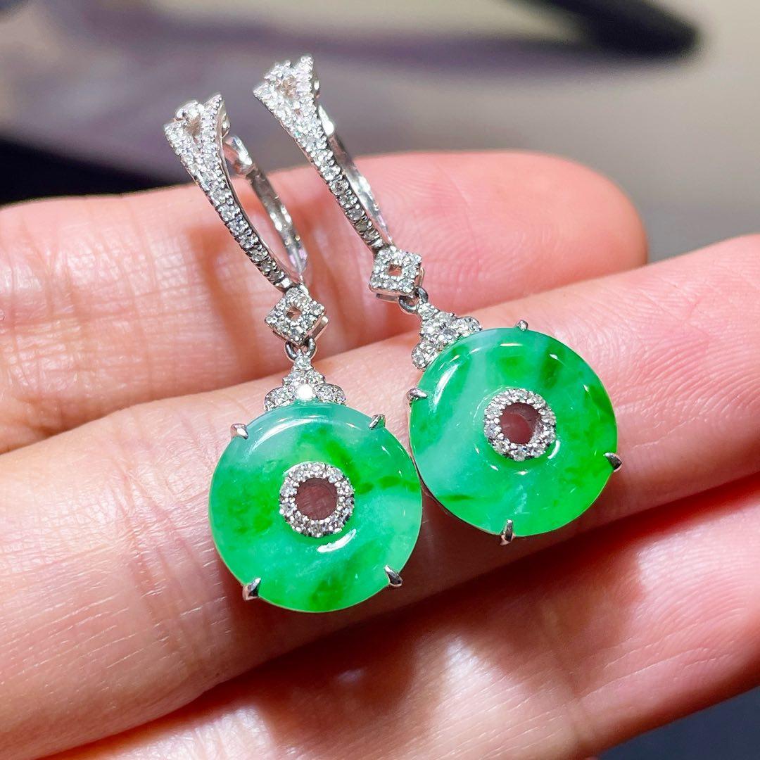 缅甸翡翠平安扣镶金玉耳环天然玉石A货18K金镶嵌冰种阳绿老坑1021