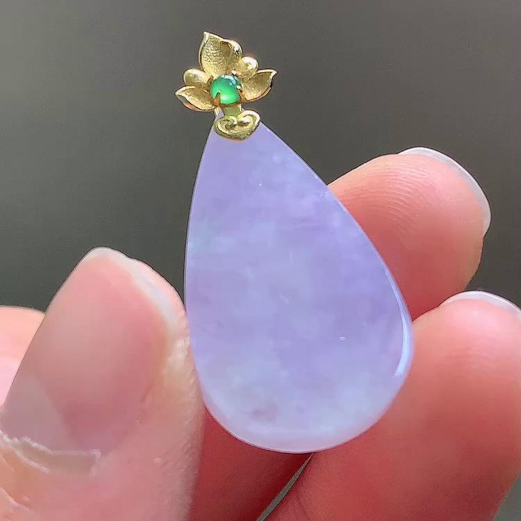 缅甸翡翠水滴镶金玉吊坠天然玉石A货18K金镶嵌冰种紫罗兰老坑1008