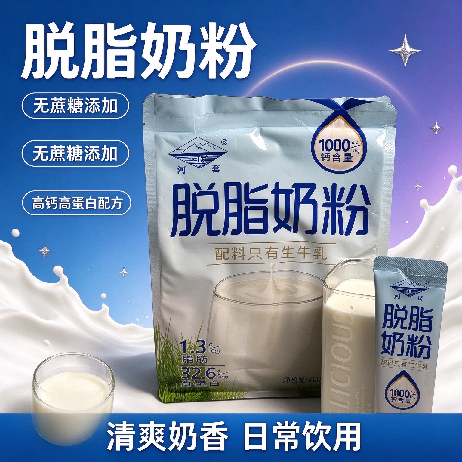 河套脱脂奶粉无糖0脂肪独立包装学生纯牛健身正品糖人女士高钙