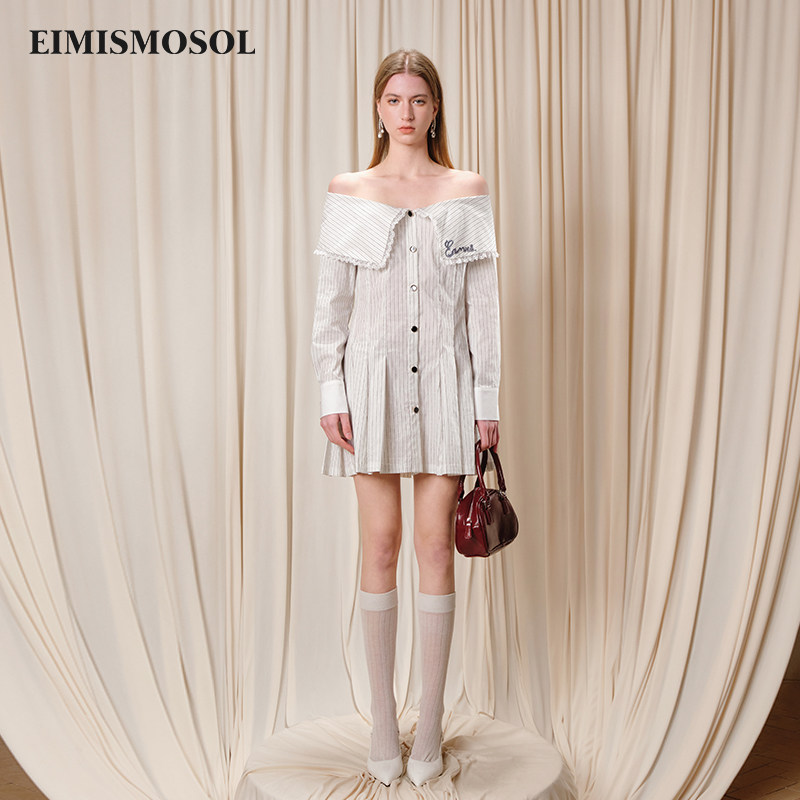 Eimismosol2025新款条纹连衣裙女衬衫式长袖娃娃领短款百褶裙子