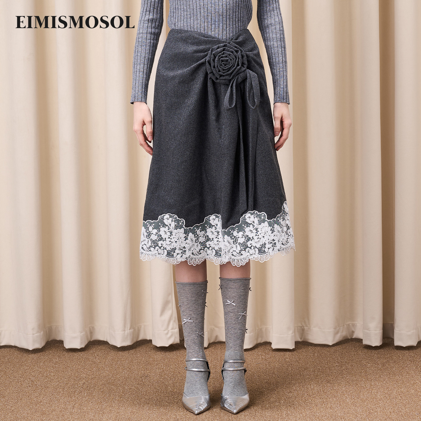 Eimismosol秋冬新毛呢拼接蕾丝花朵半身长裙女A字立体花朵裙