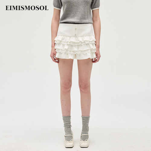 Eimismosol2026春季新款白色多层蕾丝荷叶花边拼接修身短蛋糕裙裤