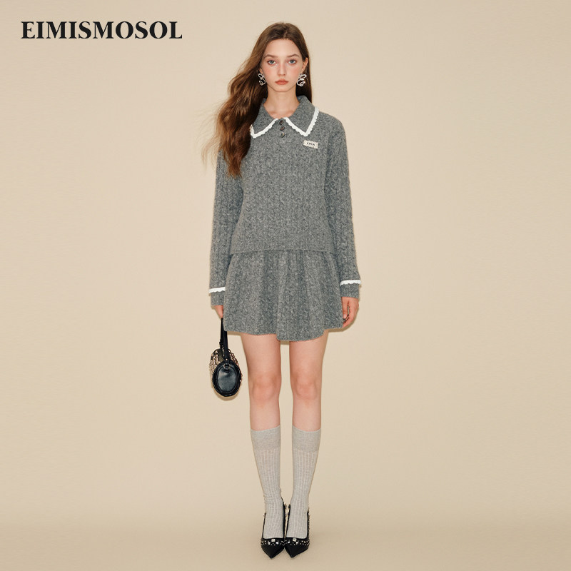 EIMISMOSOL麻花条花边套头毛衣百褶裙秋冬新款学院风休闲百搭