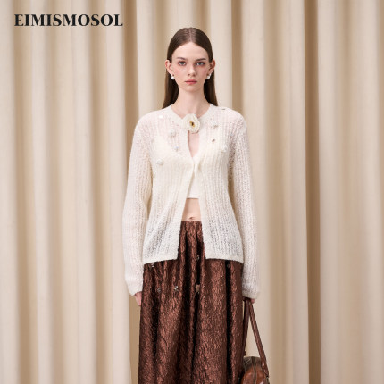 Eimismosol2025秋季新款针织开衫女圆领长袖修身显瘦毛衣薄款上衣