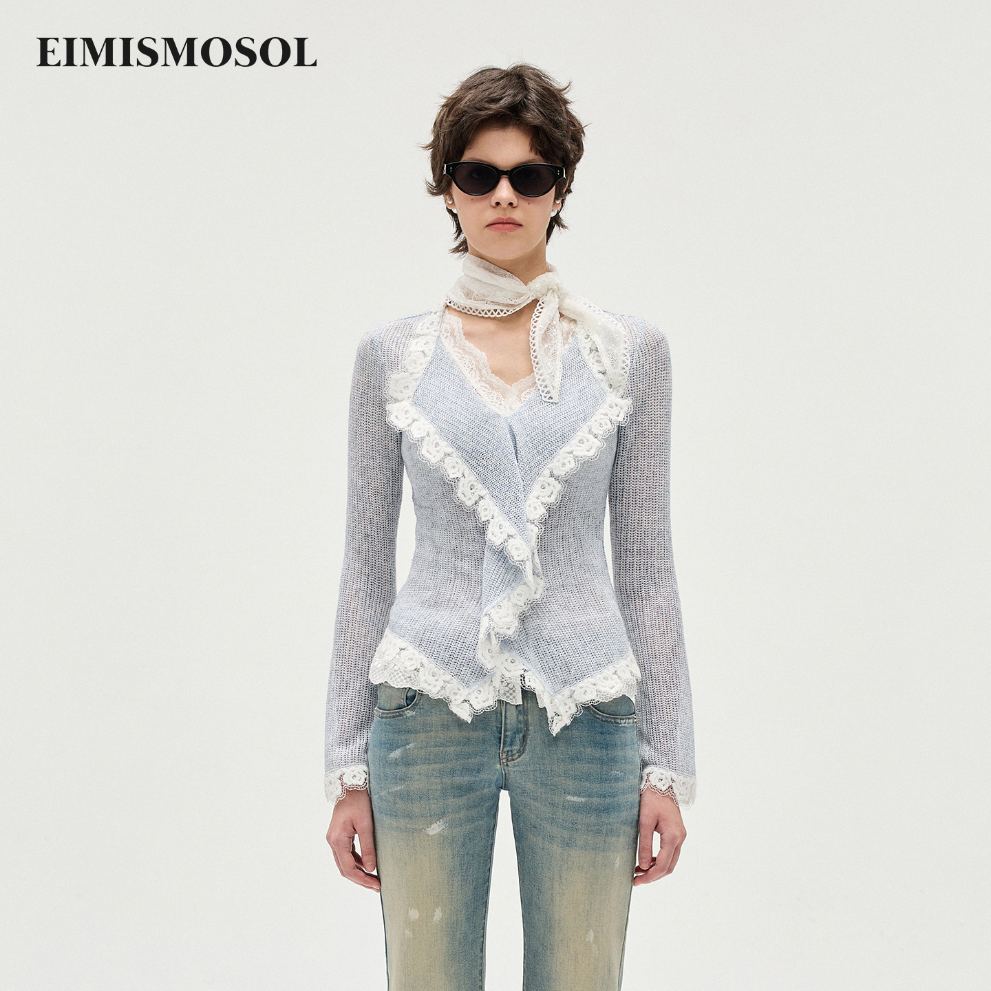 Eimismosol2026春季新款荷叶边V领针织蕾丝花边收腰针织小衫上衣,女装/女士精品,毛针织衫,淘宝优惠券,粉丝福利购,淘宝优惠卷