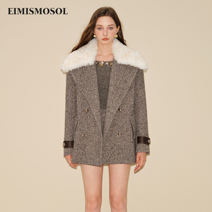 长斜纹毛领双排扣保暖外套 EIMISMOSOL秋冬新款 戚砚笛同款