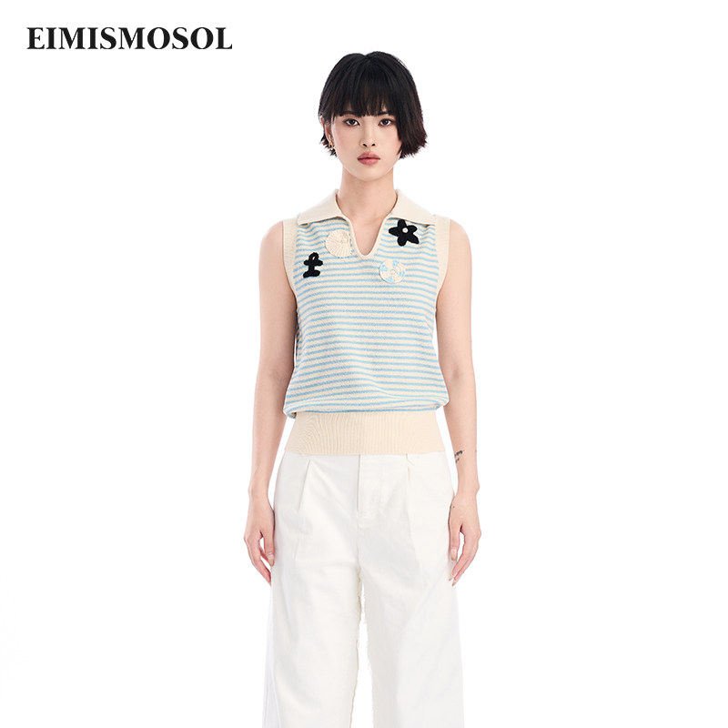 Eimismosol2025夏季新款针织背心女条纹翻v领立体花朵无袖上衣