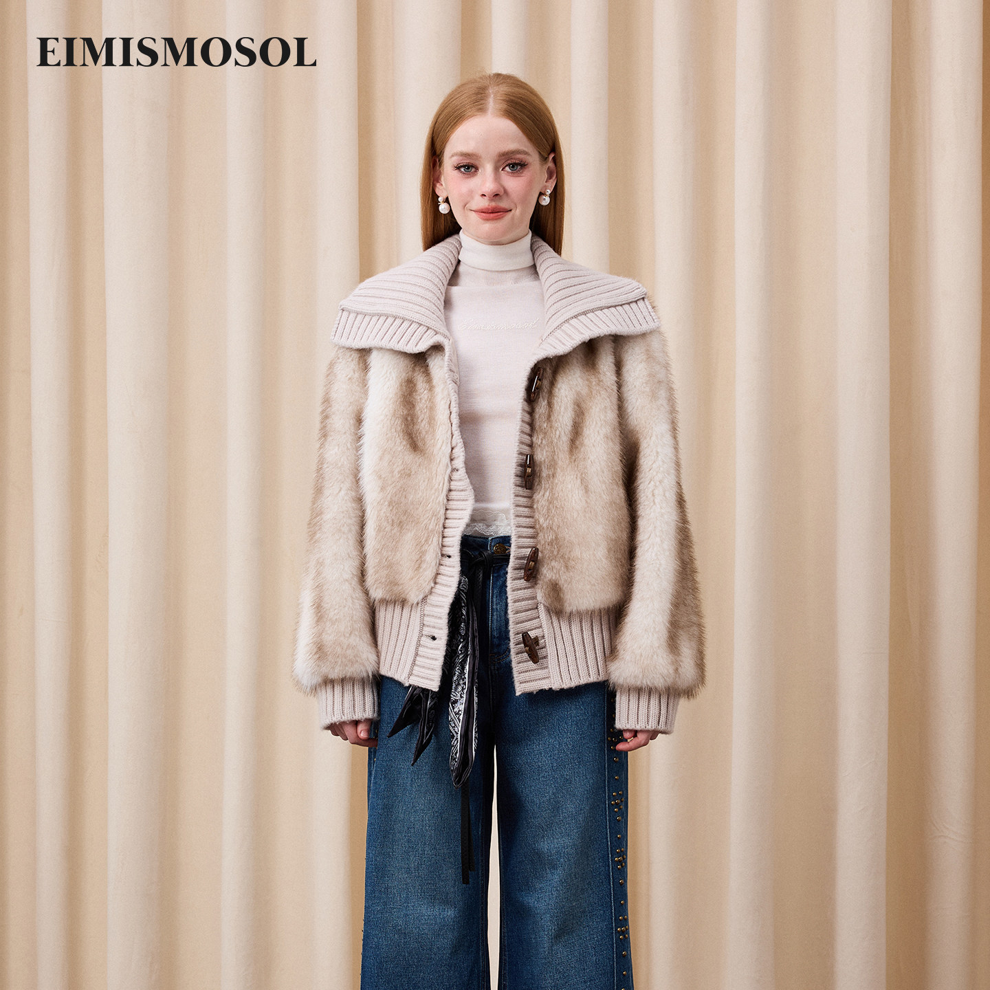 Eimismosol秋冬新款假两件短环保皮草针织翻领女皮毛一体外套,女装/女士精品,短外套,淘宝优惠券,粉丝福利购,淘宝优惠卷