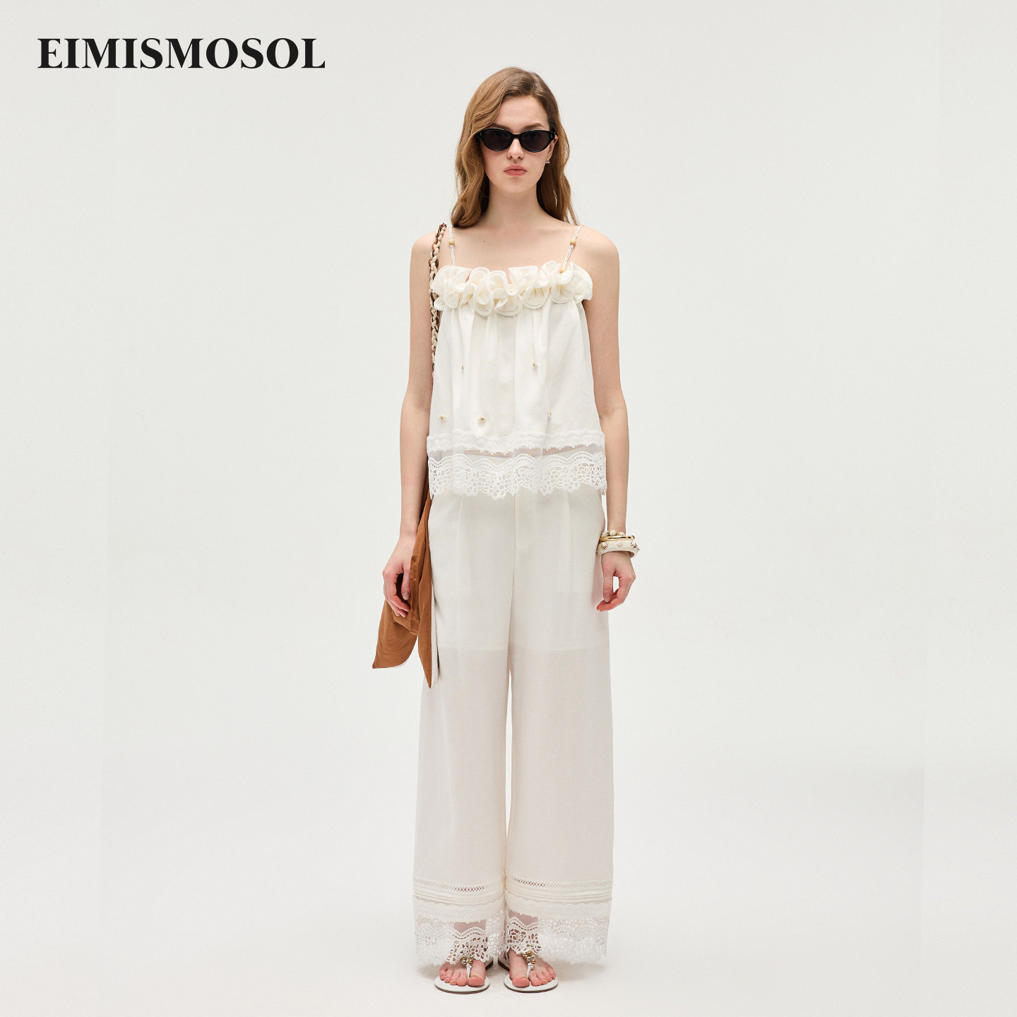 Eimismosol2026夏季新款白色蕾丝花边女拼接吊带小衫轻薄长裤套装