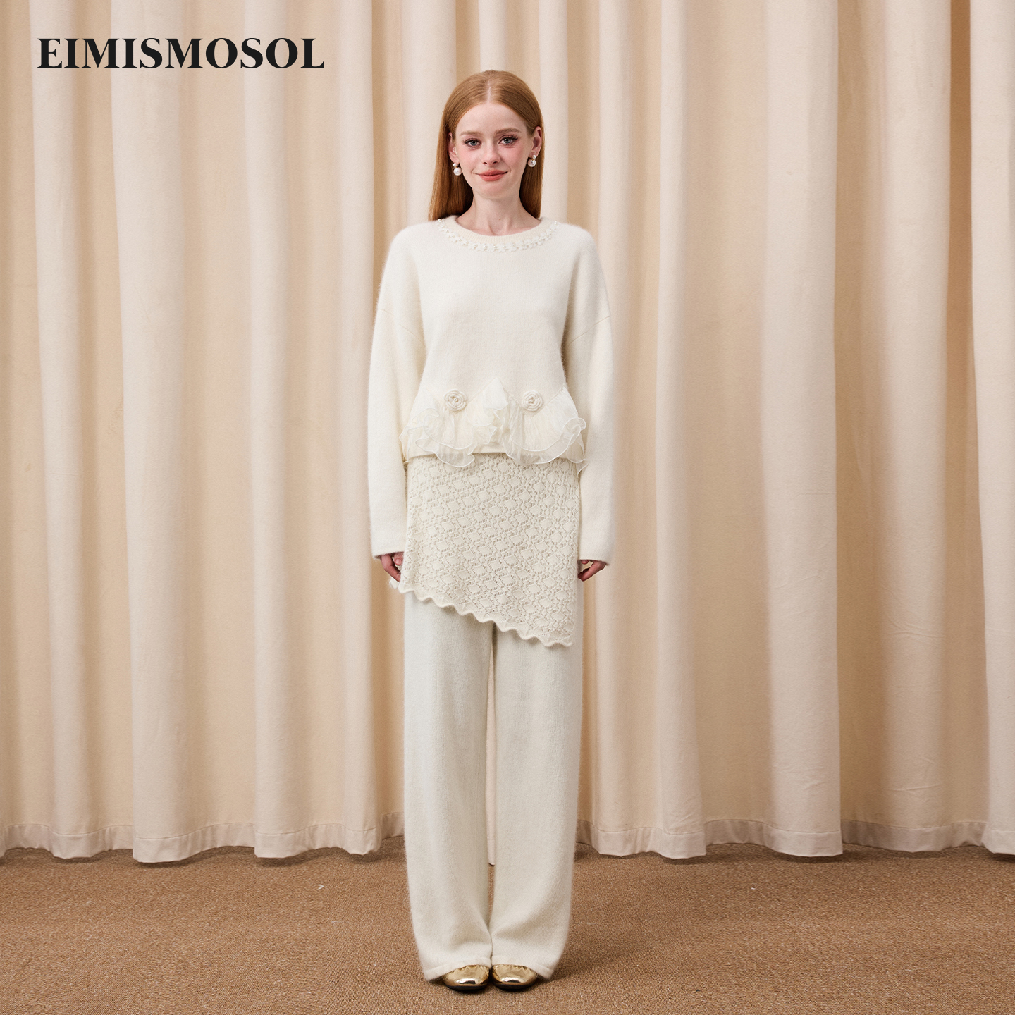 Eimismosol2025秋冬新品蕾丝拼接圆领毛衣女围帘阔腿长裤针织套装