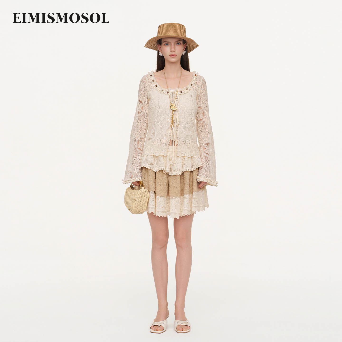 Eimismosol2026夏季新款法式亮片钩织荷叶边微喇长袖女短修身开衫