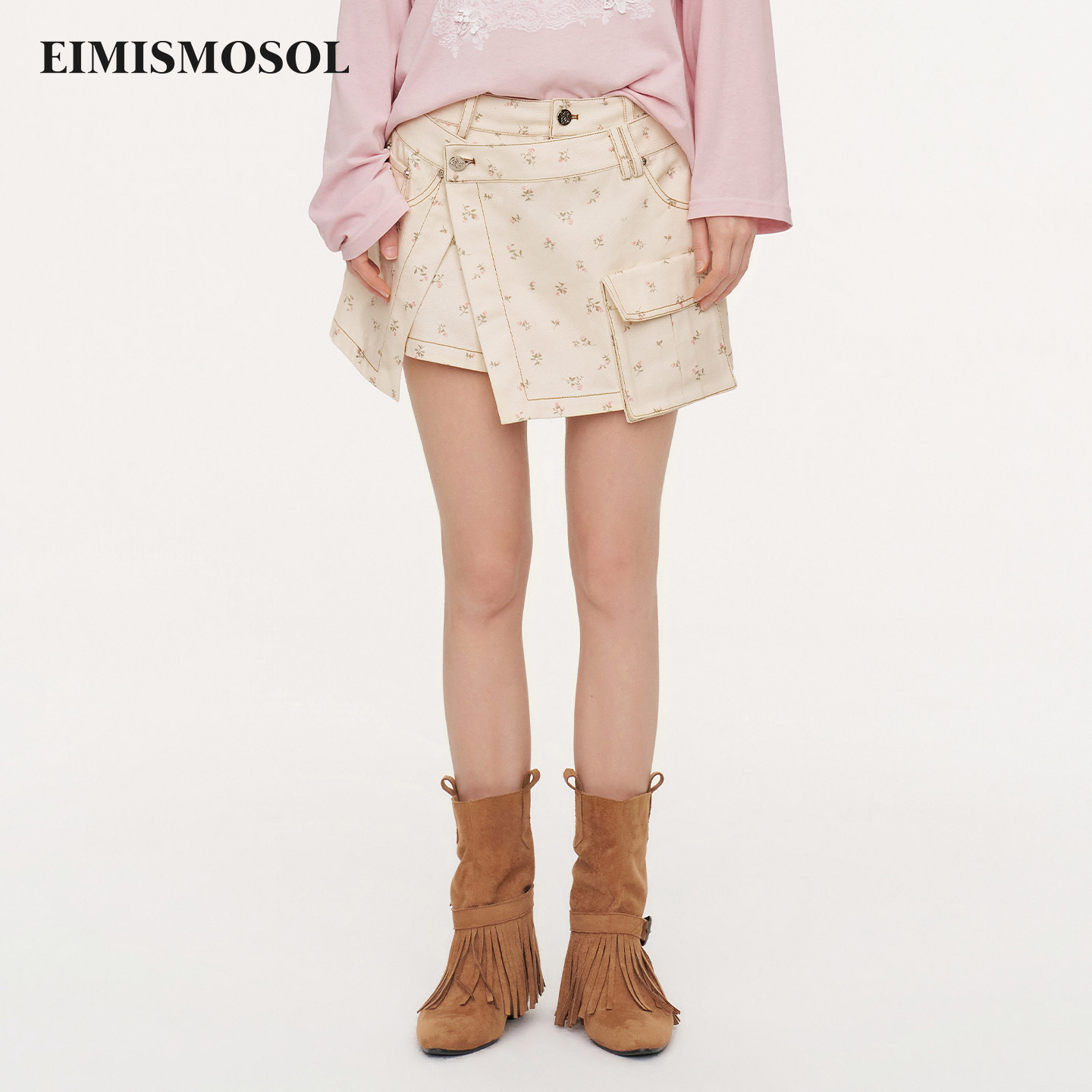 Eimismosol2026夏季新款两件套高腰工装印花女A字短款仿牛仔裙裤图片