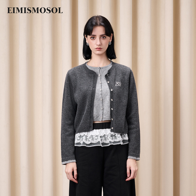 Eimismosol2025秋冬新品撞色假两件毛针织开衫女刺绣钻扣简约百搭