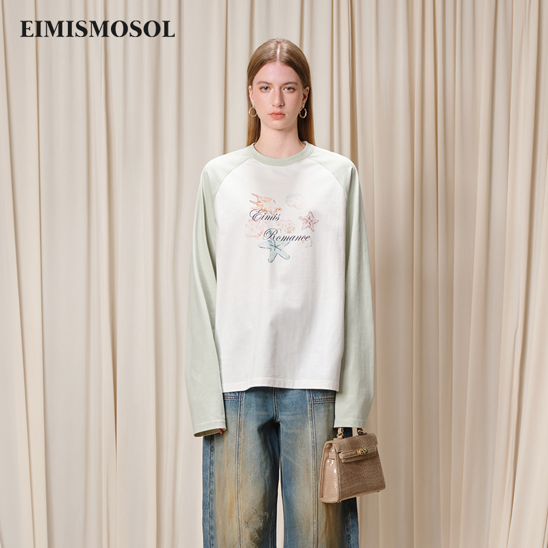 Eimismosol2025秋季新款插肩长袖T恤女宽松显瘦撞色印花圆领上衣