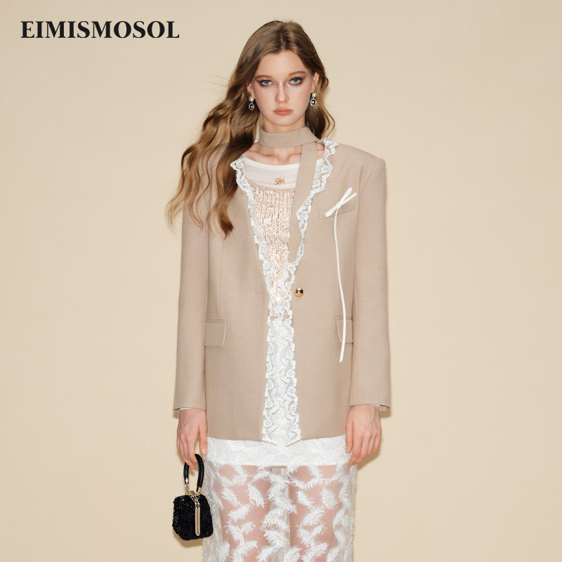 EIMISMOSOL V领撞色花边西装秋冬轻薄保暖优雅大气通勤风女