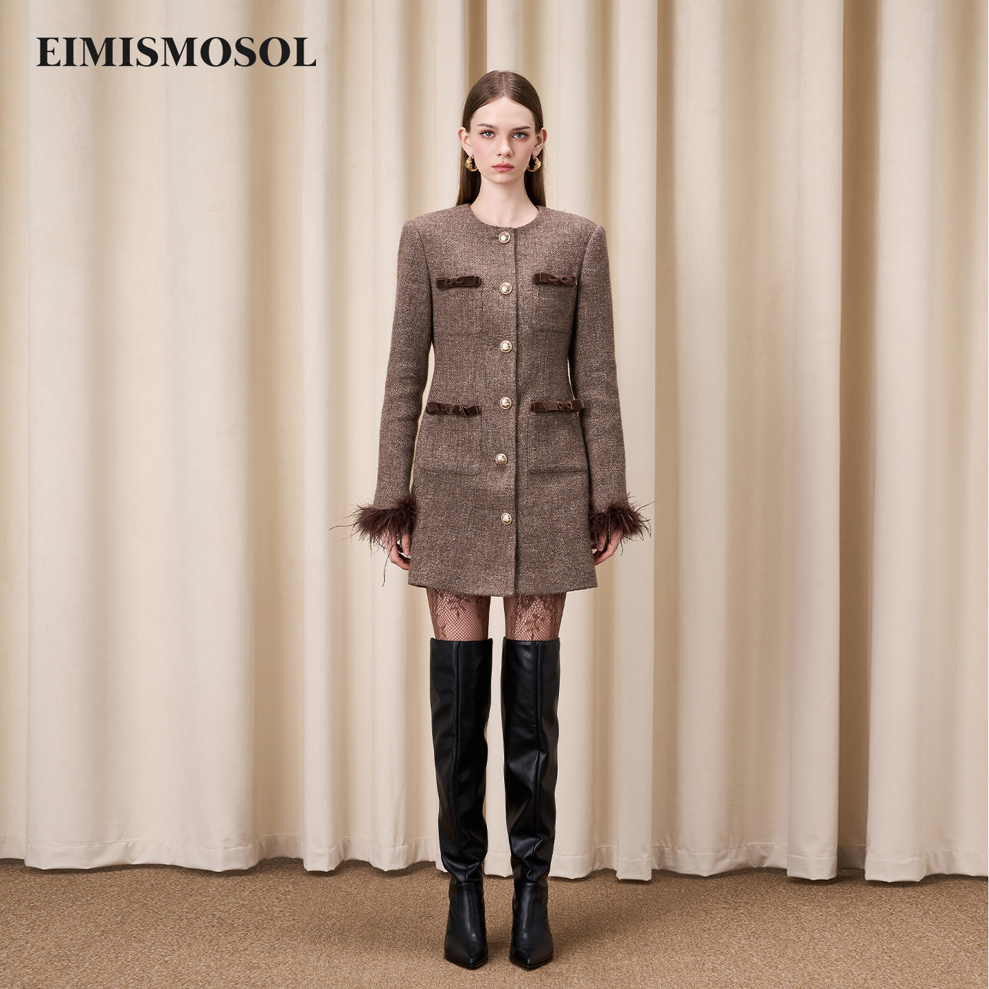 Eimismosol秋冬新品收腰羽毛袖小香风连衣裙女中长西装款裙子