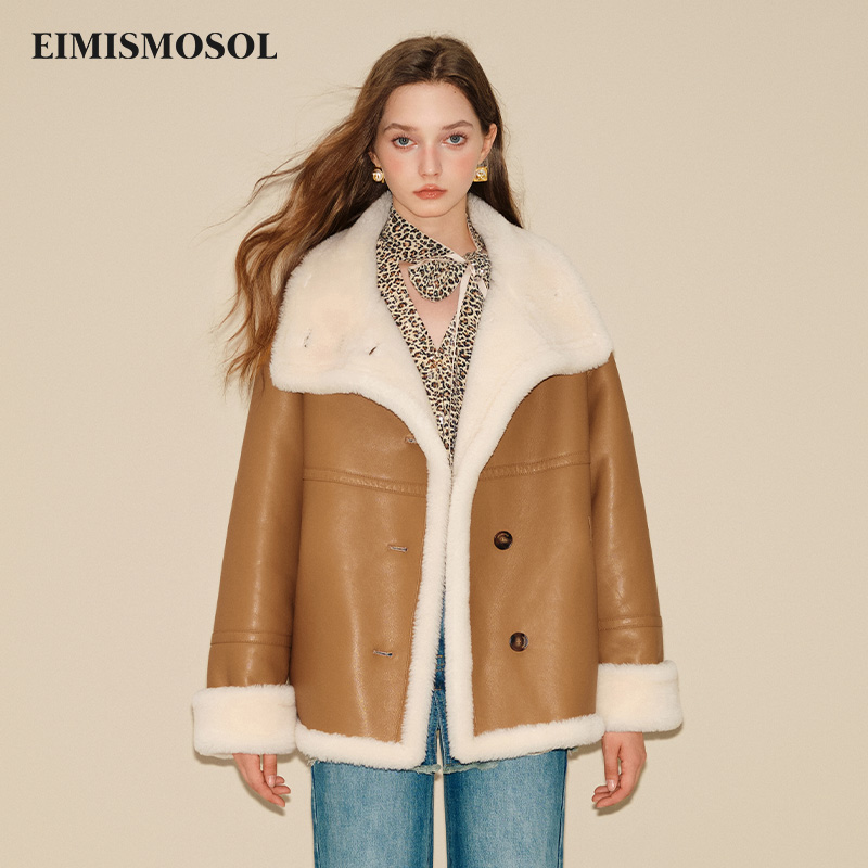EIMISMOSOL中长款PU皮毛一体翻领边外套女秋冬新款舒适趣味有腔调