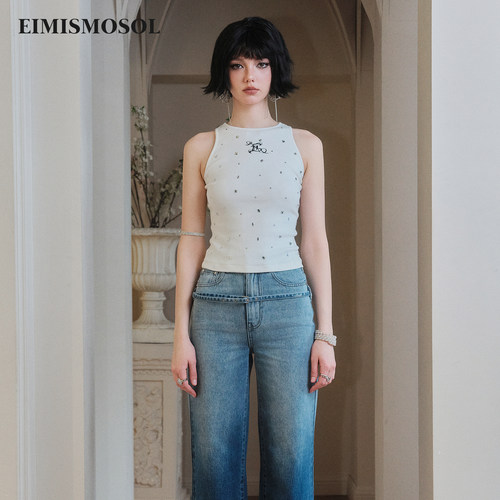 Eimismosol2026夏季新款白色烫钻女短无袖背心运动修身设计感百搭