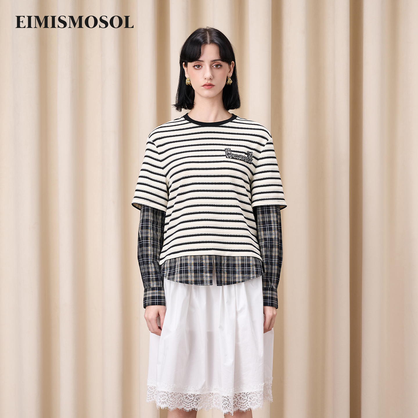 Eimismosol2025秋季新款中长款假两件衬衫T恤女宽松条纹休闲上衣