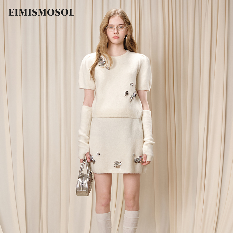 【孙乐言同款】EIMISMOSOL25秋季新款钉珠羊毛短袖上衣半裙套装