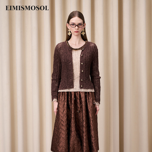 女设计感上衣 针织松果圆领开衫 Eimismosol2025秋冬新品 咖色短薄款