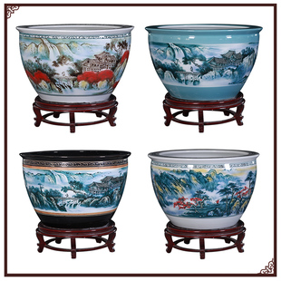 景德镇陶瓷鱼缸手绘山水特大号摆件乌龟缸睡莲水仙缸家用阳台水缸