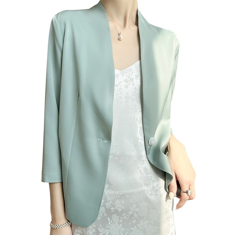 夏季女士素米色小西装外套七分袖西服上衣修身薄款休闲白黑色外搭