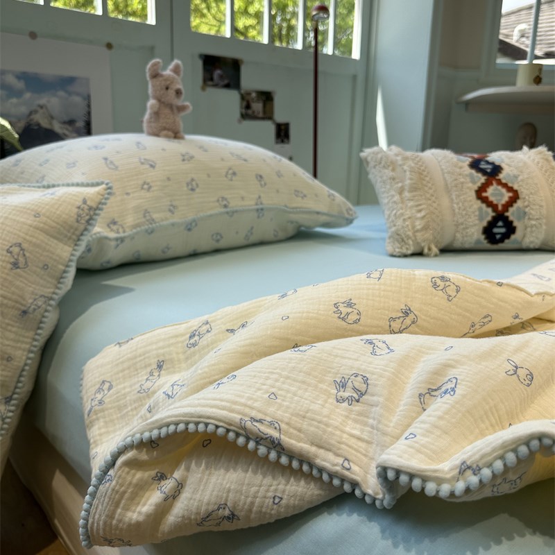 母婴级少女心小蓝兔豆豆边皱皱双层纱夏凉被四件套全棉纯棉空调被