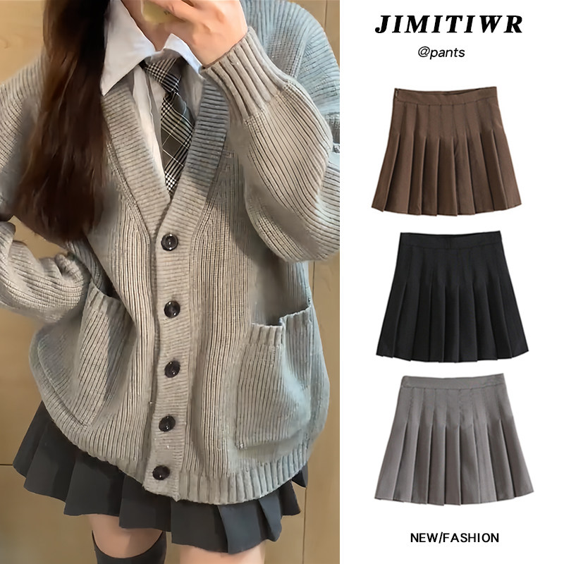 灰色百褶裙女半身裙2024新款小个子a字裙子春秋冬高腰毛呢jk短裙