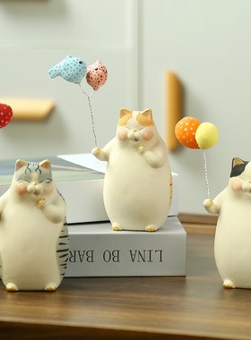 日式手作治愈可爱呆萌气球猫咪周边居家客厅桌面陶瓷装饰品小摆件