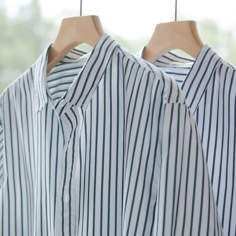 春秋新款男士条纹长袖衬衫简约百搭方领上衣棉质时尚打底宽松外套