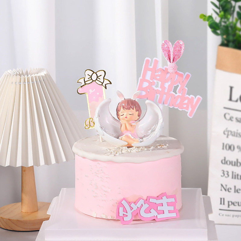 毛球兔耳朵蛋糕装饰少女心生日蛋糕插牌粉色蓝色烘焙生日蛋糕插件