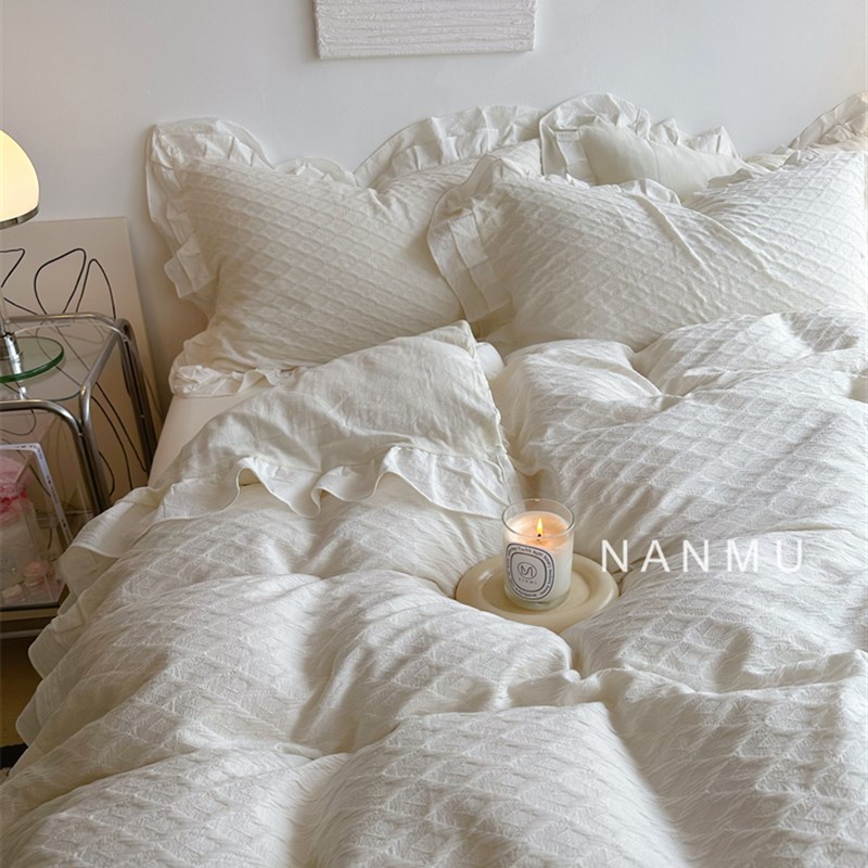 半眠日记仙女奶油白花边全棉四件套少女心干净白色纯棉床品床笠