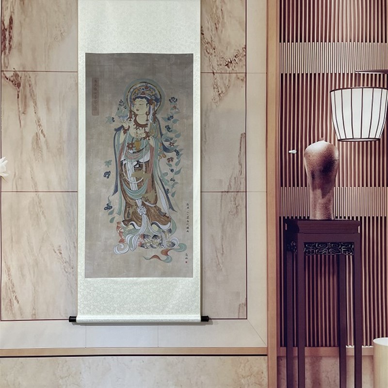 敦煌 唐朝壁画观世音菩萨背景墙人物佛像装饰画高清微喷复制装裱