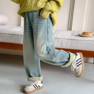 秋冬款 加厚一体绒老爹裤 2025新款 子洋气冬季 儿童裤 女童加绒牛仔裤