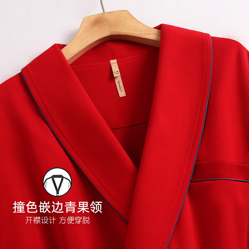 睡衣男士睡袍男款浴袍式大衣春秋季和服纯棉长袖长款本命年大红色