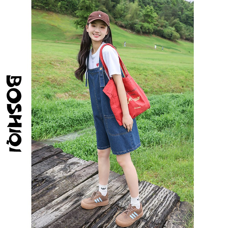 初中生牛仔背带裤新款大童夏季2024初中生短袖短裤套装搭配大童女