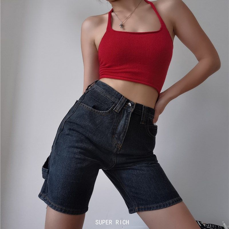 Sup美式90s高腰大口袋工装短裤提臀修身直筒显瘦阔腿牛仔中裤女