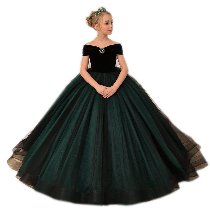 一字肩儿童模特走秀礼服裙女童晚礼服公主裙长款拖尾黑钢琴演出服